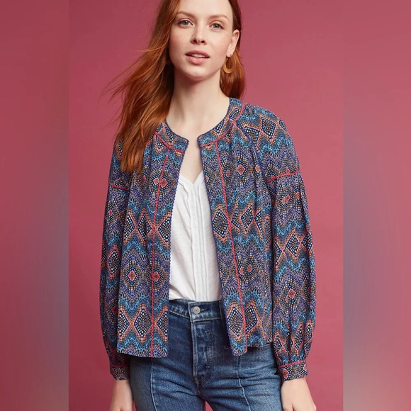 Anthropologie Bl-nk london Cynthia Printed Geometric Jacket Open Front Boho Chic - Picture 3 of 16